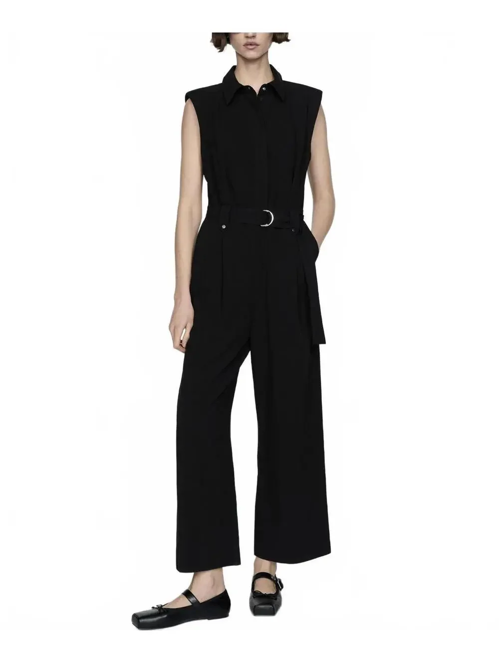 Mango Linen Blend Jumpsuit With Belt Clip and Shoulder Pad NWT Matty Black Large